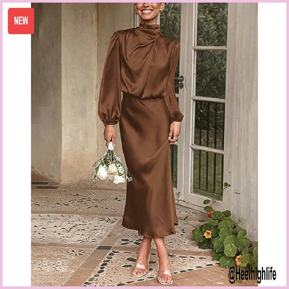 Mock Neck Satin Maxi Dress Long Sleeve Formal Evening Party Gown - Picture 7 of 8